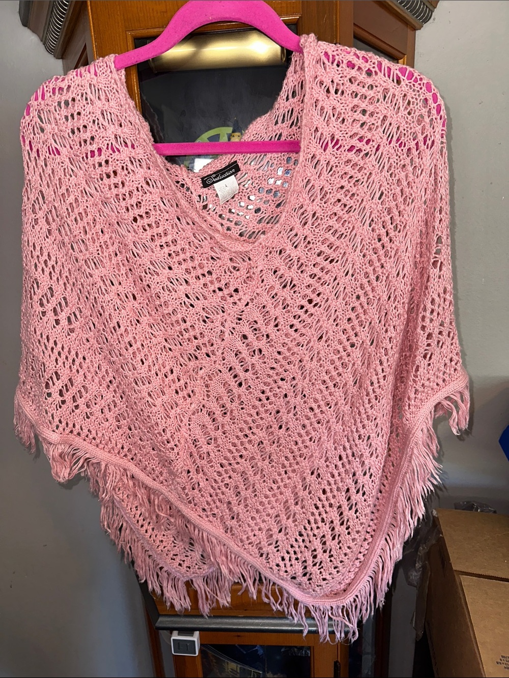 Soft Pink Crochet Fringe Poncho Sweater by Belladonna